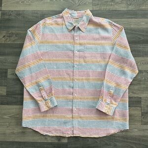 LL Bean 100% Linen Shirt Men’s XXL Blue Red White Striped Slightly Fitted 296535